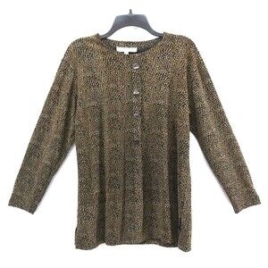 Stillman Studio Blouse Women Size L Brown Black 3 Button Accent Round Neck Top